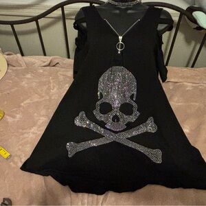 Black Sleeveless Dress with Silver Sequin Skull